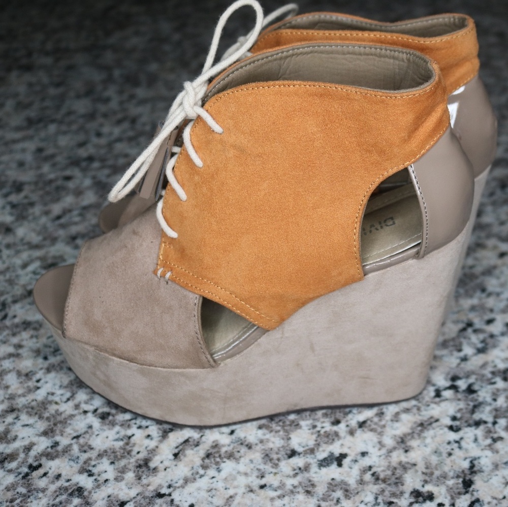 Orange peep toe wedges